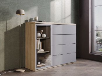 Комод Марсель 135х45х110 (Белый шпон дуба, Серый светлый МДФ)