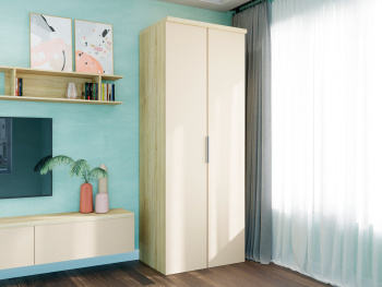 Шкаф Распашной 90х60х236 с полками и штангой (Дуб сонома, Крем матовый МДФ) Шкаф Распашной 90х60х236 с полками и штангой (Дуб сонома, Крем матовый МДФ)